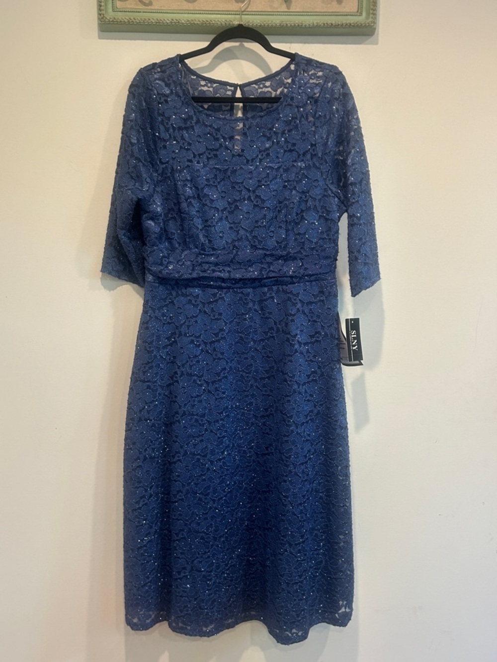 SLNY Navy Lace overlay fit and flare Midi Dress Three-Quarter Sleeves 14 new